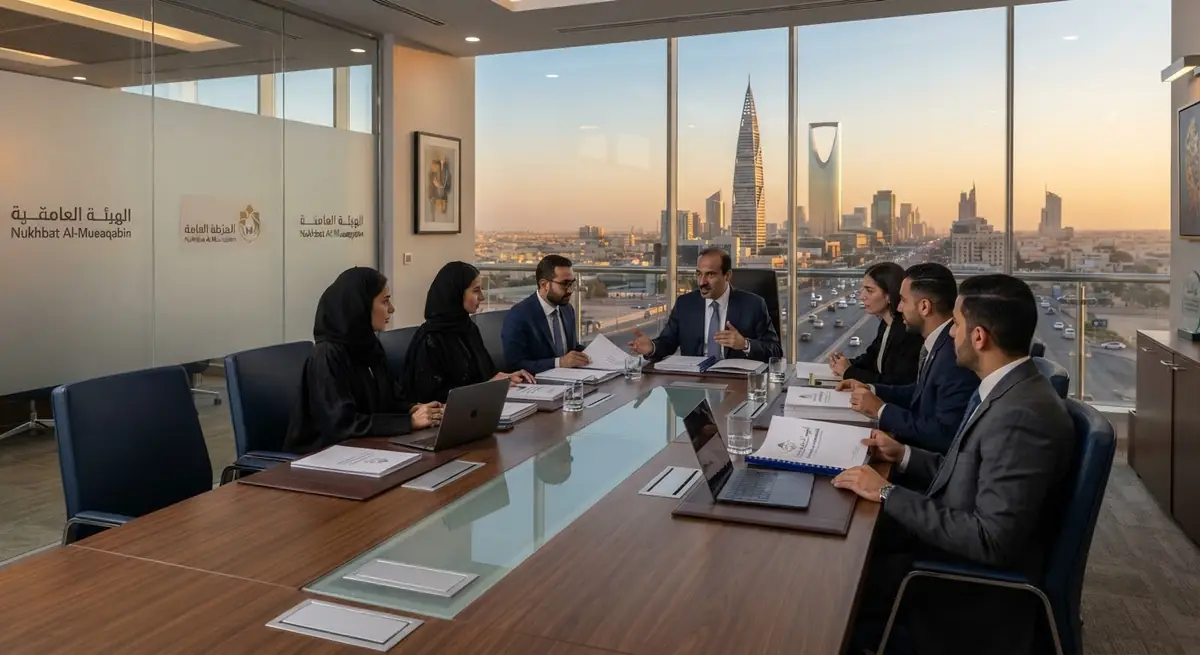 فريق عمل في اجتماع داخل قاعة مطلة على أبراج المدينة